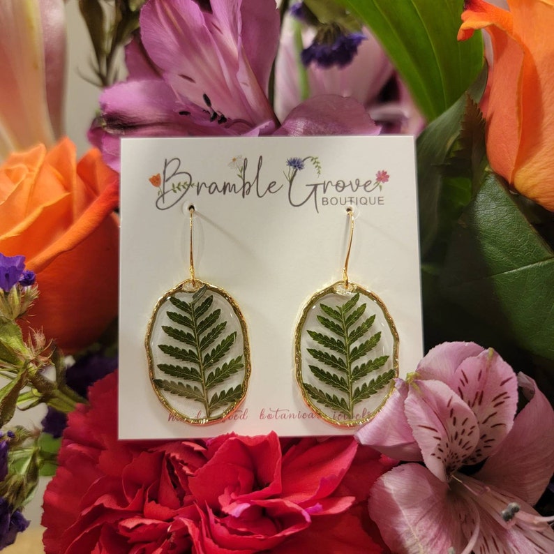 Handmade real pressed fern botanical earrings with gold trim image 3