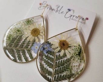 Handmade real botanical earrings | fern and flower nature jewelry | gardener gift