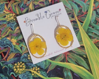 Handmade real pressed yellow buttercup flower earrings | botanical jewelry | gardener gift