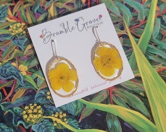 Handmade real pressed yellow buttercup flower earrings | botanical jewelry | gardener gift