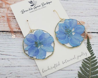 Handmade real dreamy blue larkspur earrings | botanical accessories | gardener gift