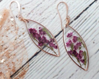 Handmade real pressed pink Heather flower rose gold earrings | bridal jewelry | botanical jewelry
