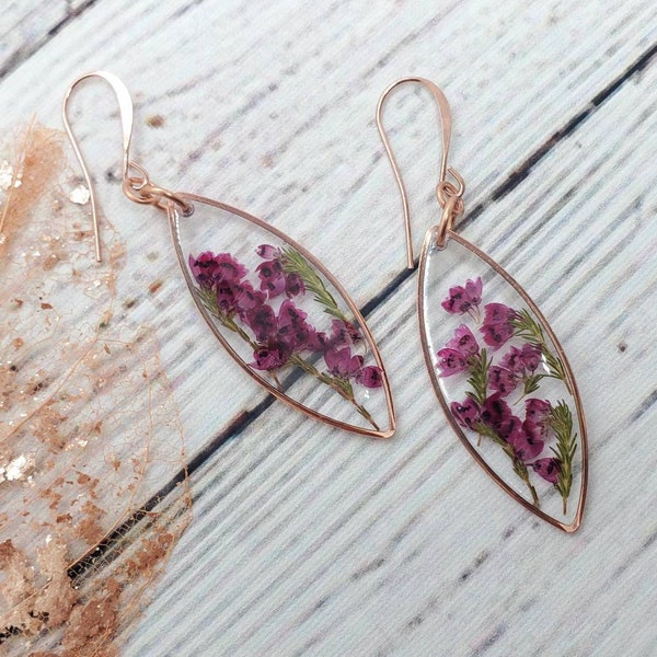 Handmade real pressed pink Heather flower rose gold earrings | bridal jewelry | botanical jewelry