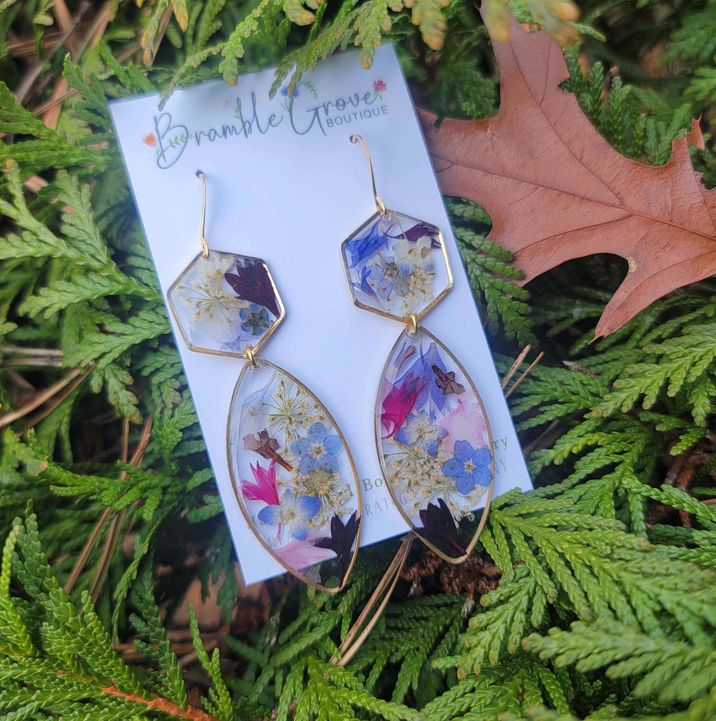Handmade beautiful real flower earrings Meadow Petal collection botanical jewelry