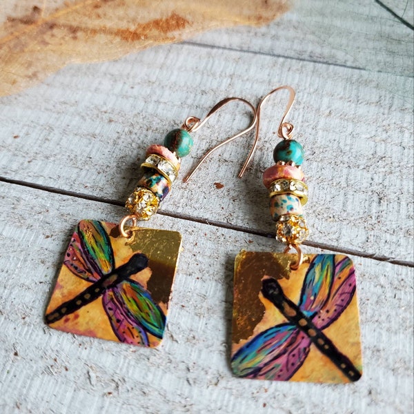 Colorful summer, Handpainted Dragonfly, Copper earrings, Mykonos beads