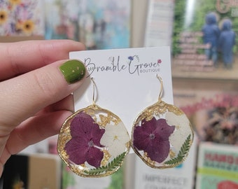 Handmade deep purple and white hydrangea with fern earrings
