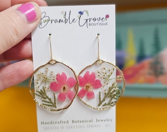 Handmade gorgeous pink and green real flower earrings | gardener gift | floral accessories