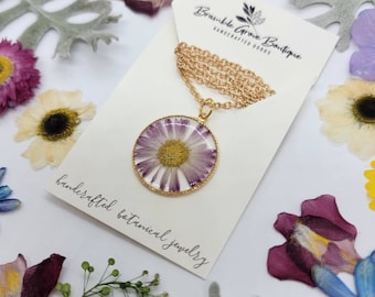 Handcrafted real pressed purple and white daisy flower gold necklace | botanical jewelry | floral accessories | gardener gift