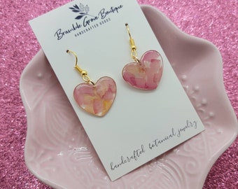 Handmade real pressed rose petal heart shaped earrings | botanical jewelry | valentine's day collection
