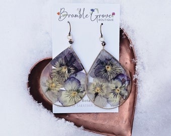 Handmade real striped pansy trio flower teardrop earrings | botanical jewelry