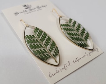 Handmade real pressed fern gold earrings | woodland jewelry | botanical earrings | preserved fern Earrings