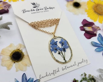 Real pressed beautiful blue forget me not flower necklace | botanical jewelry | boho accessories | gardener gift