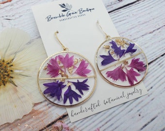 Handmade pink and purple cornflower earrings | beautiful flower jewelry | gardener gift | fall earrings