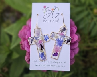 Handmade real pressed flower cross earrings | faith gift | cornflower jewelry