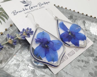 Handmade real delphinium dangles earrings | summer floral jewelry | gift for gardener or nature lover | blue garden botanical earrings