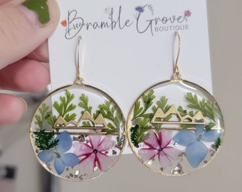 Handmade real flower and fern mountain scape earrings | beautiful botanical jewelry | gardener gift | nature accessories