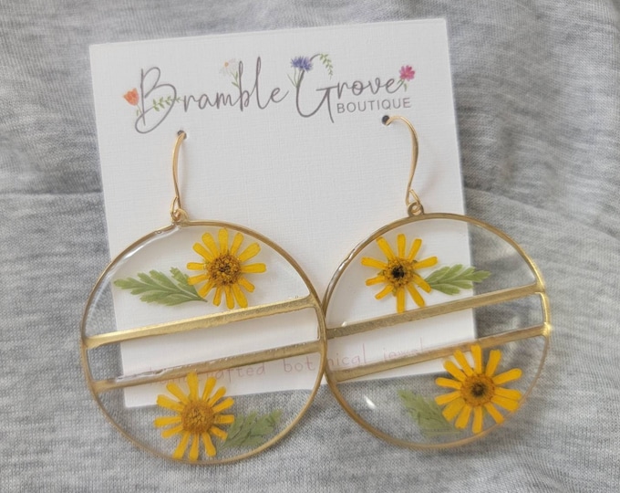 Featured listing image: Handmade real pressed vibrant yellow sunbini flower earrings | botanical jewelry | gardener gift
