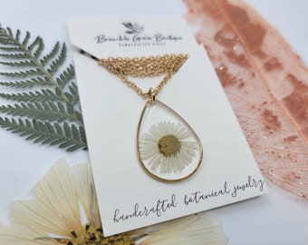 Handmade real pressed white fleabane flower necklace |  gold teardrop floral jewelry | gardener gift | boho accessories