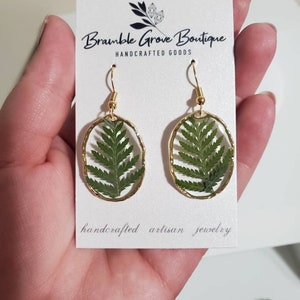 Handmade real pressed fern botanical earrings with gold trim image 7