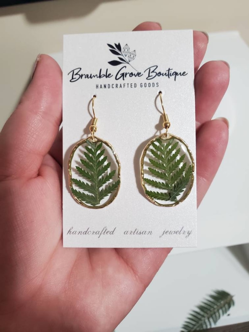 Handmade real pressed fern botanical earrings with gold trim image 7