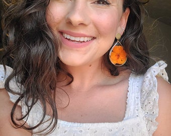 Beautiful orange yellow and purple pansy teardrop earrings | gardener gift | boho chic jewelry | real flower gift