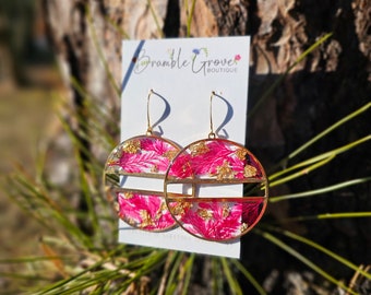 Handmade pink fern and gold leaf earrings | floral accessories | nature jewelry