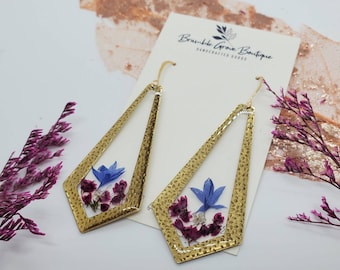 Beautiful unique botanical dangle earrings | real flower jewelry | handmade Accessories for summer | pink and blue floral earrings