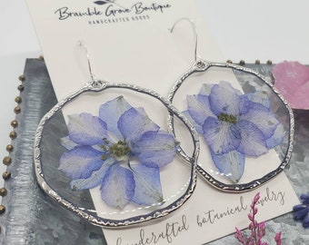 Beautiful handmade real larkspur flower earrings | silver botanical jewelry | gardener gift idea