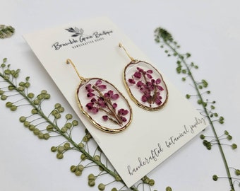 Handmade real pressed Heather flower oval Earrings | botanical pretty jewelry | woodland inspired gold accessories