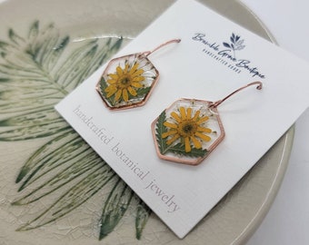 Handmade real sunbini flower and fern earrings | plant lover gift | gardener accessories | summer jewelry