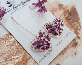 Handmade real pressed heart shape Heather flower Earrings | botanical gold pretty jewelry | woodland cottagecore inspired accessories