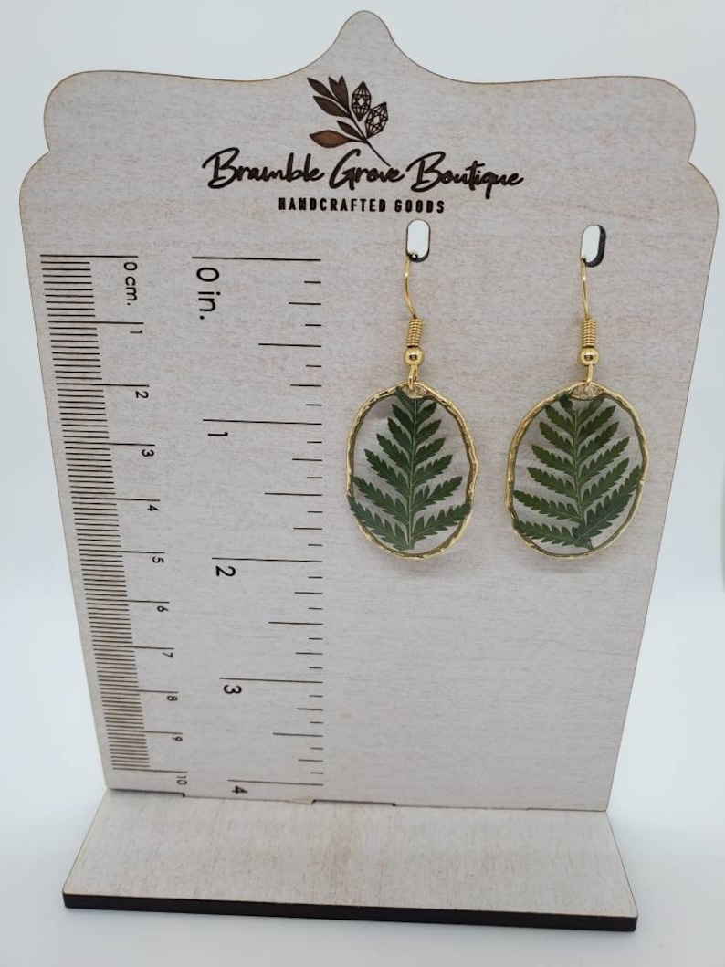 Handmade real pressed fern botanical earrings with gold trim image 10