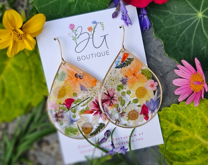Featured listing image: Handmade to order unique Blooming Bud teardrop real flower earrings | gardener gift | botanical jewelry