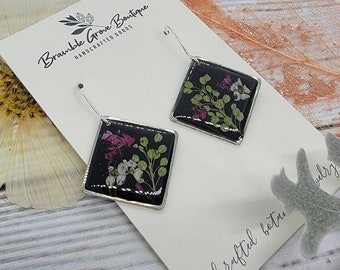 Handmade real flower black earrings | botanical jewelry  | gardener gift
