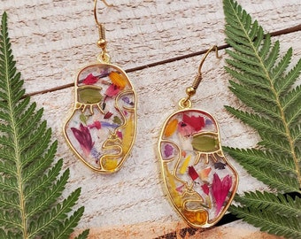 Handmade abstract face botanical earrings | colorful garden earrings | summer jewelry | real floral jewelry