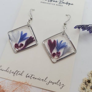 Handmade purple and blue floral earrings | silver botanical jewelry | gardener gift