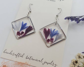 Handmade purple and blue floral earrings | silver botanical jewelry | gardener gift