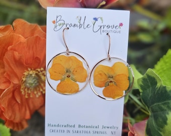 Handcrafted real pressed orange pansy earrings | botanical jewelry | gardener gift