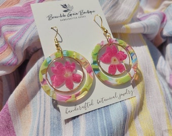 Handmade real pink verbena flower tropical summer earrings | boho jewelry | vibrant earrings