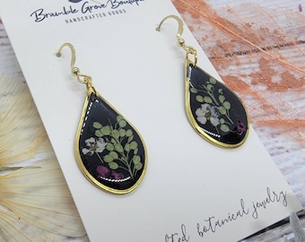 Handmade woodland black botanical earrings | cottagecore jewelry | flower jewelry | plant inspired accessories