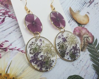Handmade purple and white floral Earrings | boho botanical jewelry | gardener gift