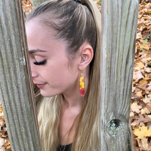 Handmade real pressed yellow orange and red daisy rectangle gold earrings | botanical jewelry | fall autumn accessories