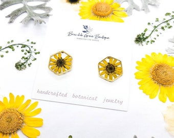 Handmade pretty real flower stud earrings | simple nature jewelry | gardener gift | sunflower accessories