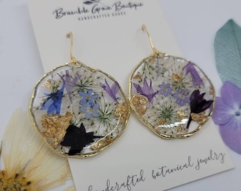 Handmade beautiful blue and purple real flower earrings | botanical jewelry | gardener gift