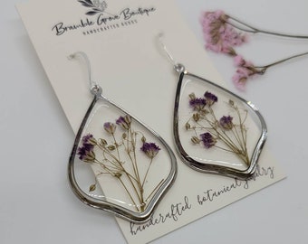 Handmade real pressed purple flower earrings | botanical jewelry  | gardener gift