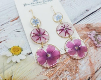Handmade purple and blue real flower dangle earrings | boho jewelry | gardener gift