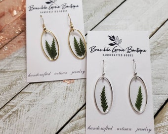 Handmade real pressed dainty fern oval earrings