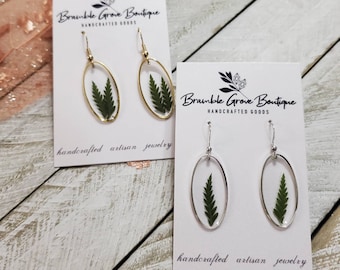 Handmade real pressed dainty fern oval earrings