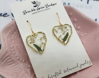 Handmade real pressed heart shaped flower and fern earrings | gold botanical jewelry | feminine boho gift