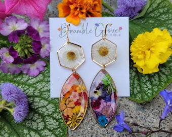 Handmade beautiful rainbow real flower earrings | gardener gift | nature gifts | colorful accessories